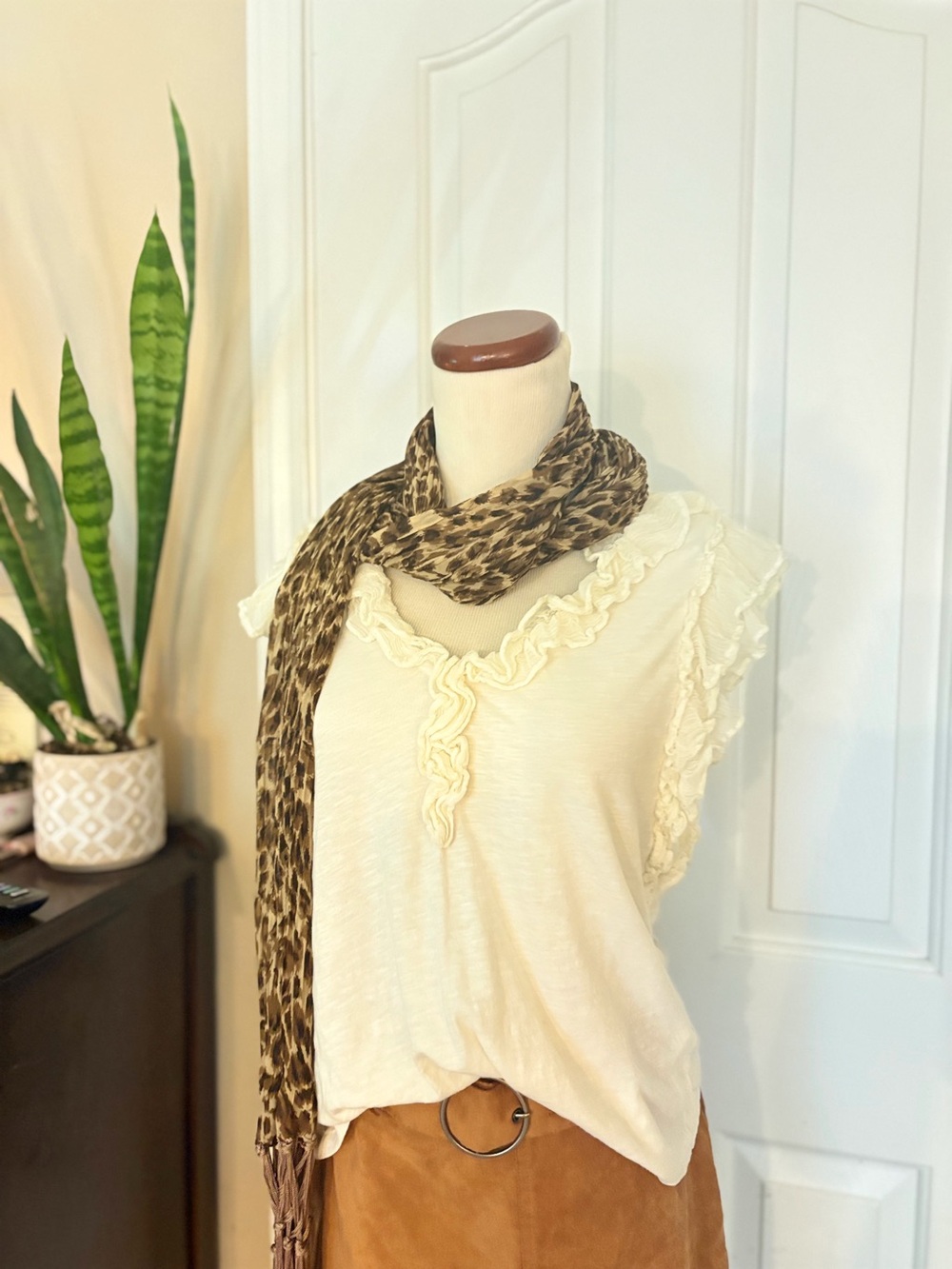 Anthropologie Cream Ruffled Cap-Sleeve Tank